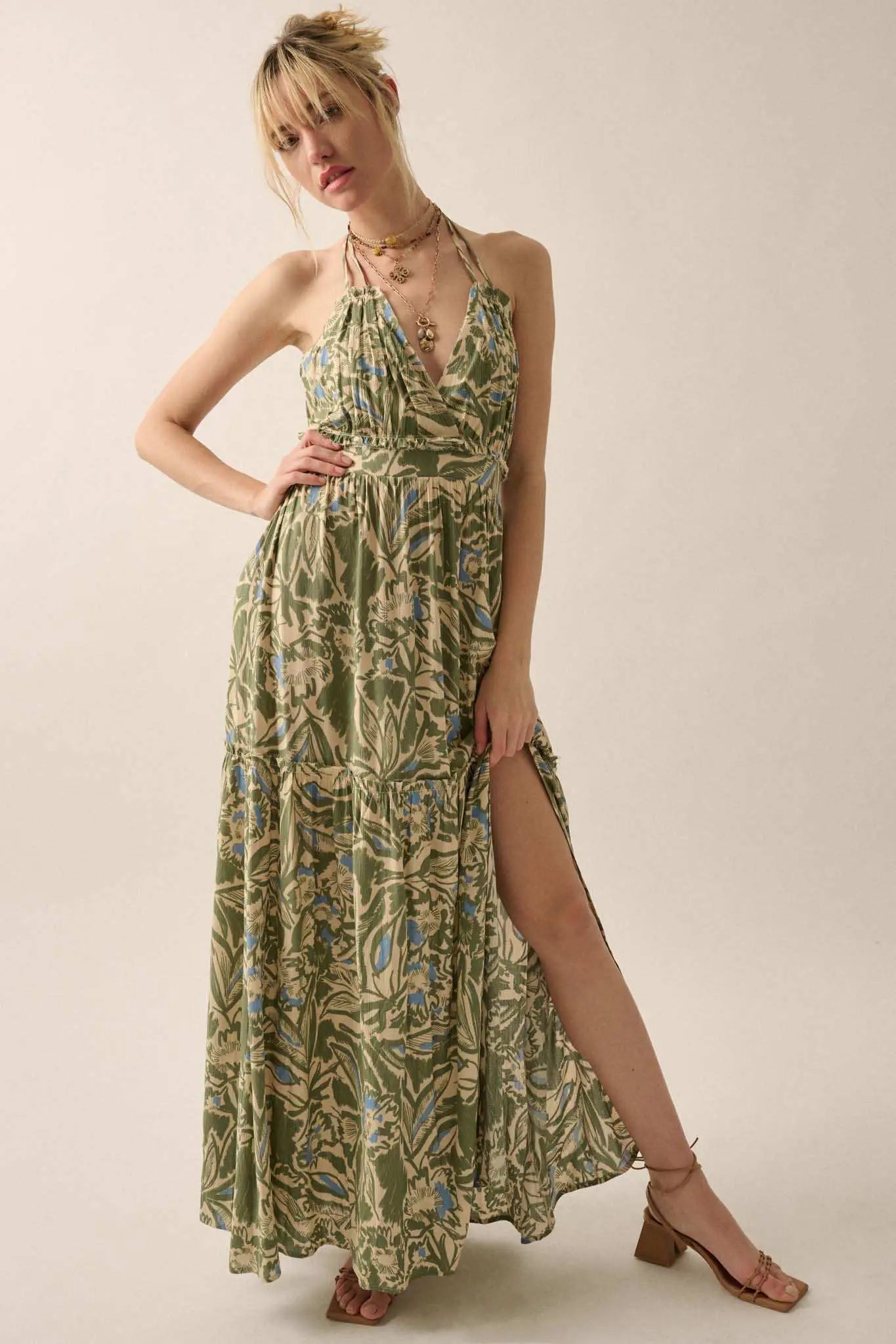 Palm Paradise Tropical Floral Halter Maxi Dress