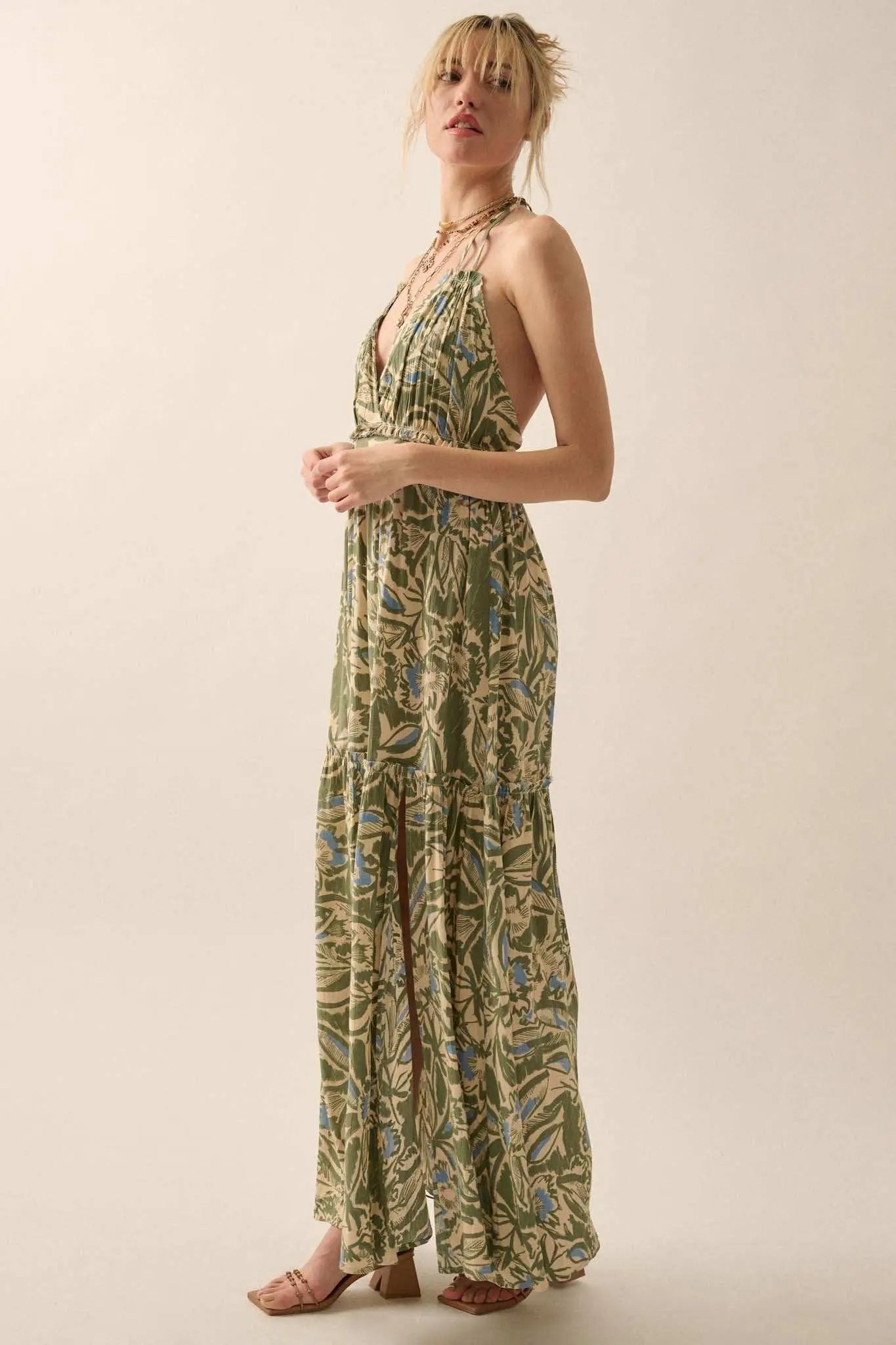 Palm Paradise Tropical Floral Halter Maxi Dress