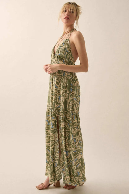 Palm Paradise Tropical Floral Halter Maxi Dress