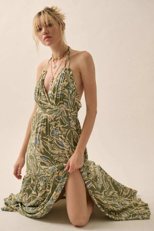 Palm Paradise Tropical Floral Halter Maxi Dress