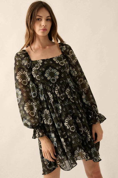 Burst of Beauty Floral Chiffon Babydoll Mini Dress