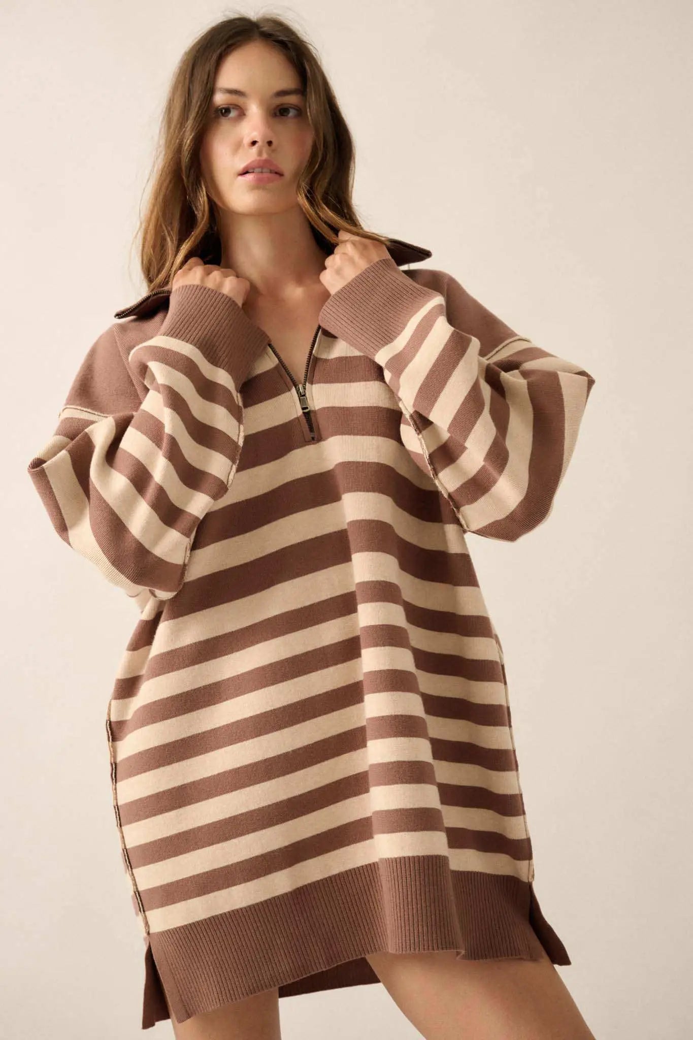 New Horizon Striped Half-Zip Mini Sweater Dress