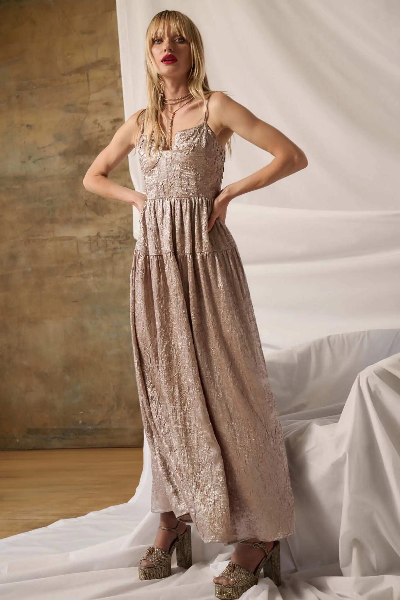 Precious Metals Textured Metallic Maxi Dress