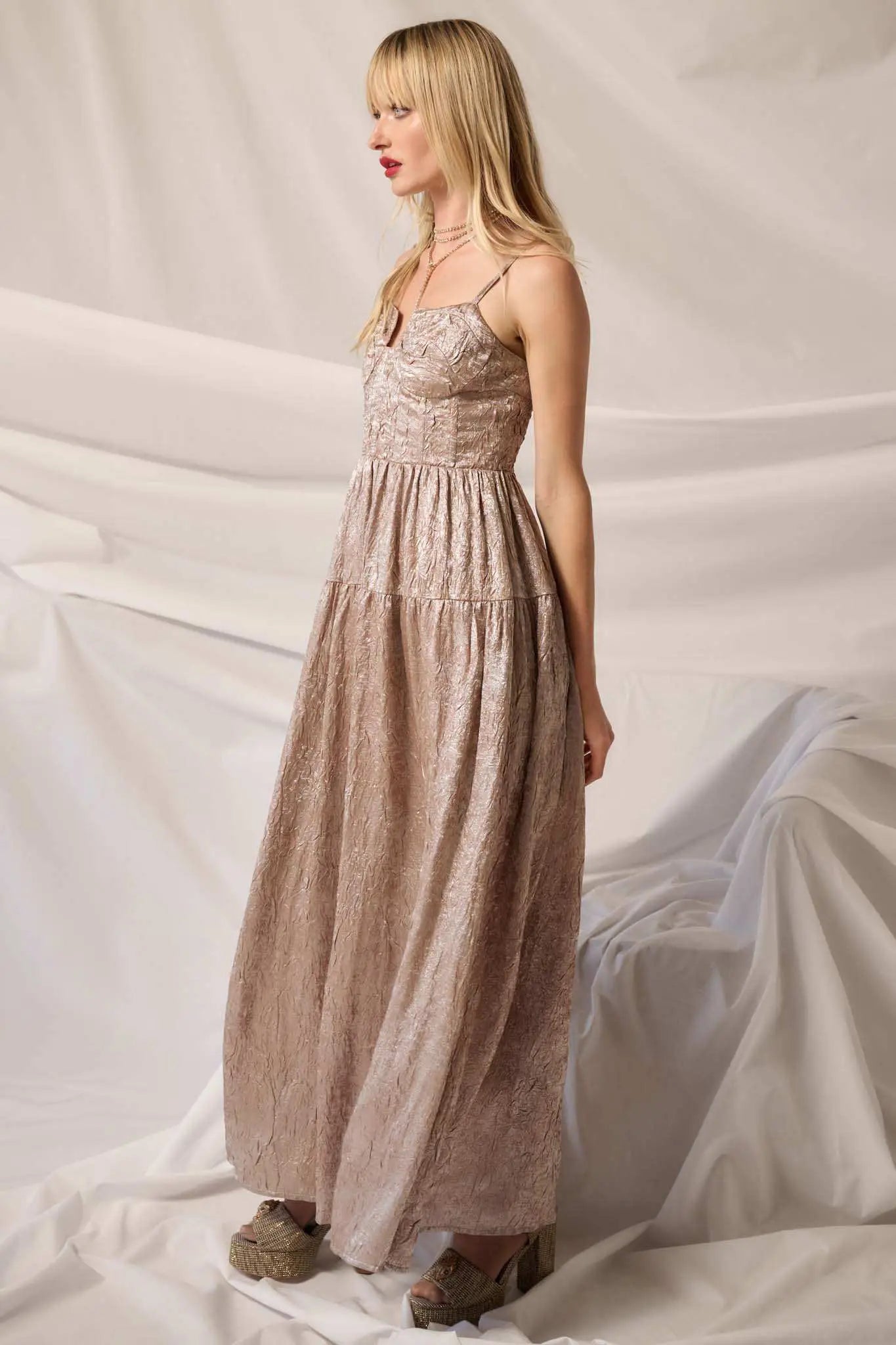 Precious Metals Textured Metallic Maxi Dress