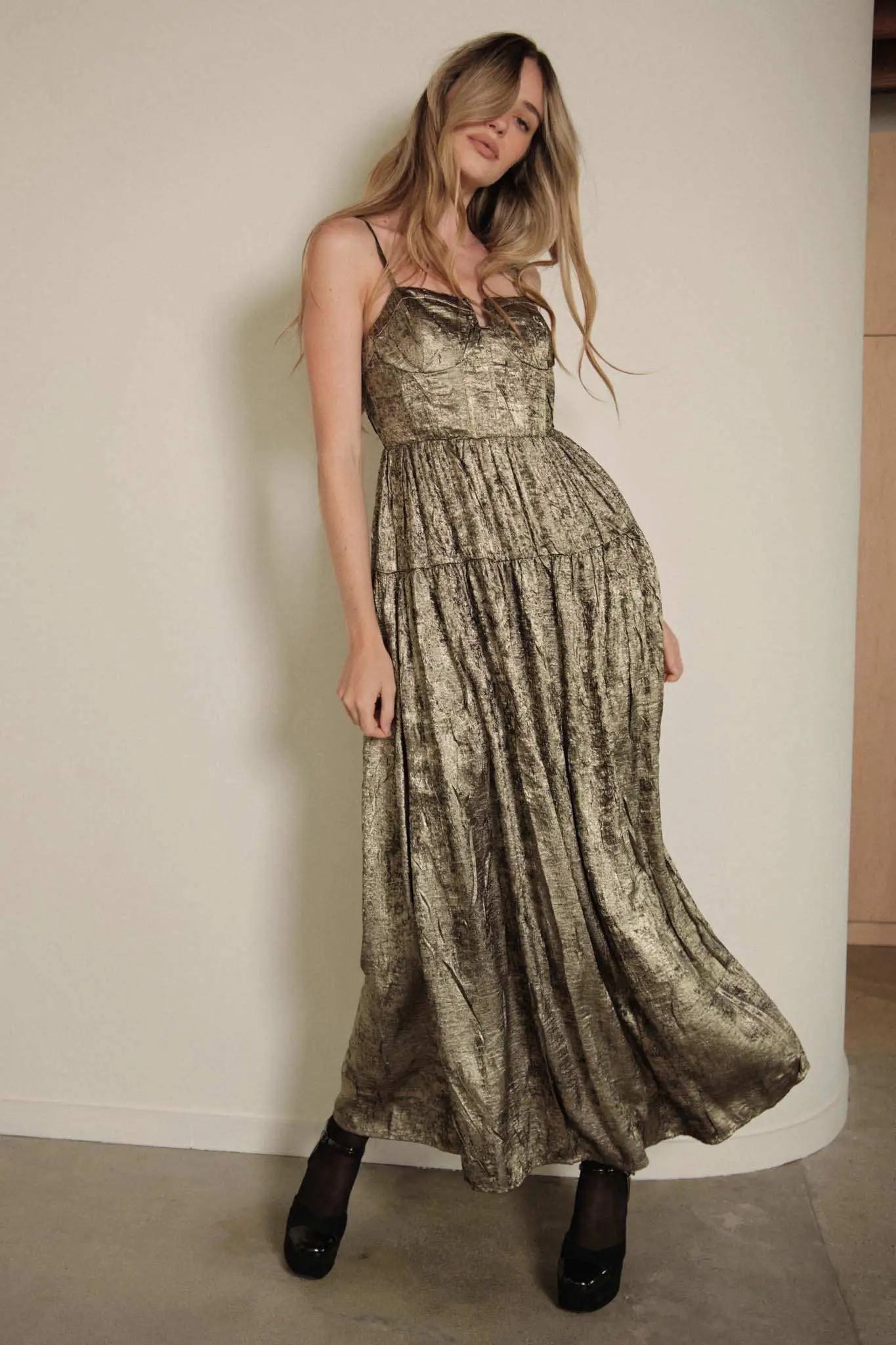 Precious Metals Textured Metallic Maxi Dress