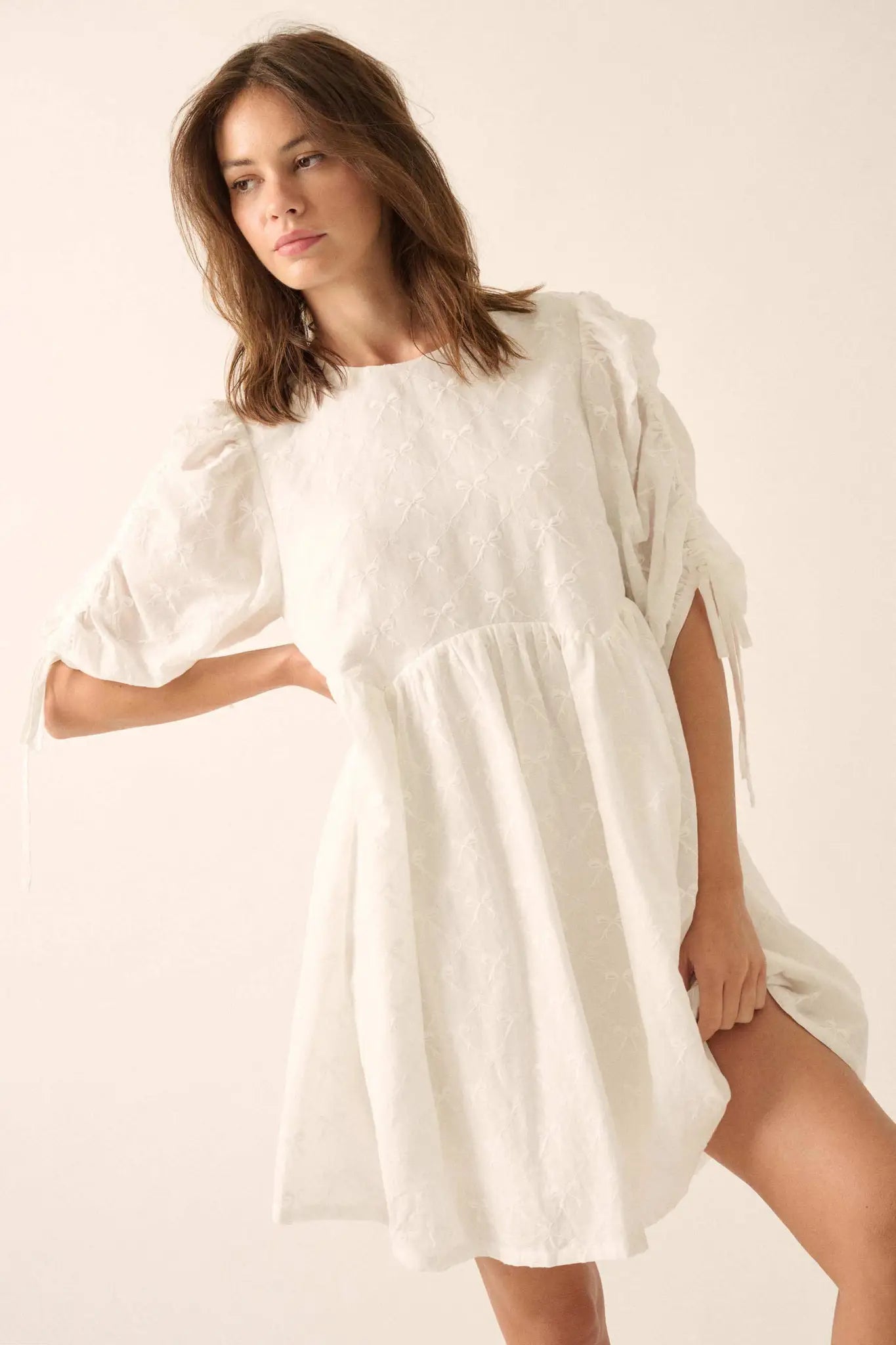 Angel Baby Bow-Embroidered Babydoll Mini Dress