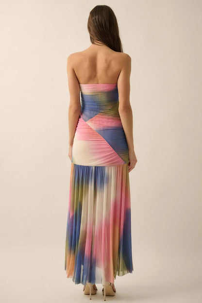Color My World Tie-Dye Mesh Strapless Maxi Dress