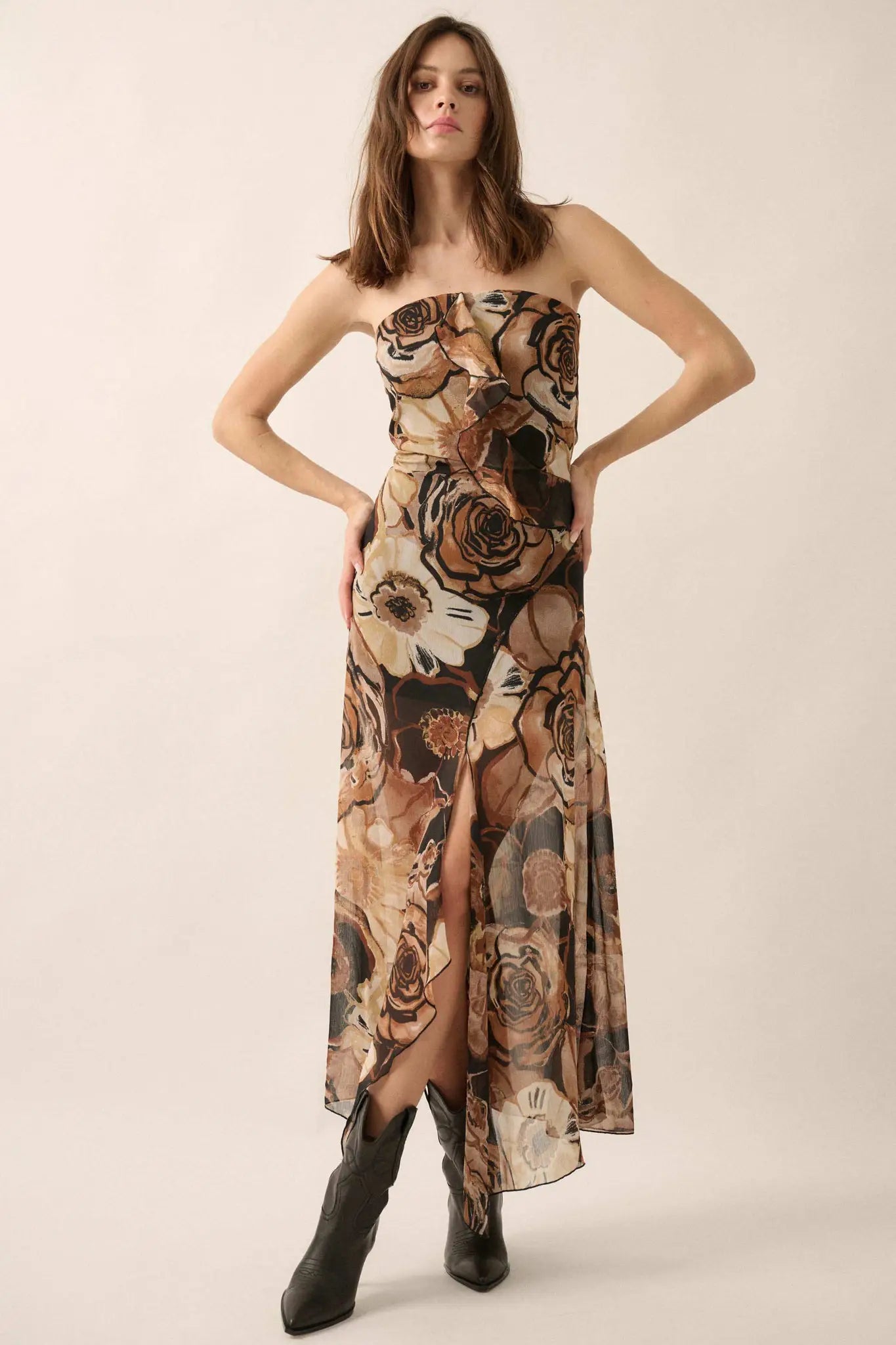 Blooming Wild Floral Chiffon Strapless Maxi Dress