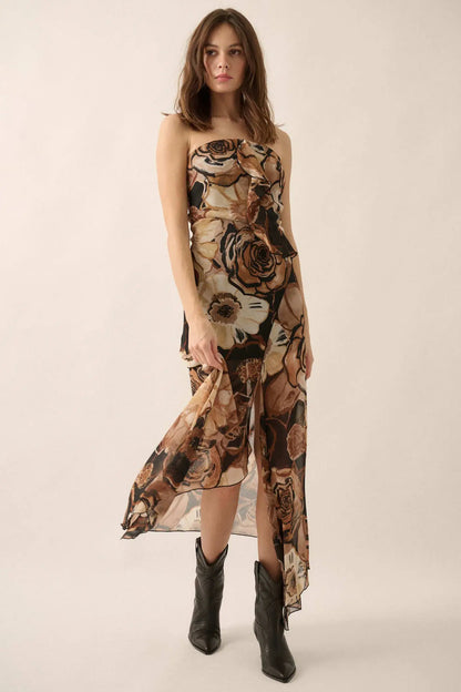 Blooming Wild Floral Chiffon Strapless Maxi Dress