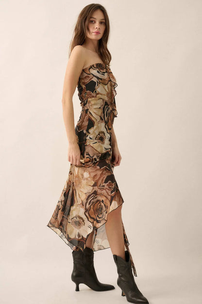 Blooming Wild Floral Chiffon Strapless Maxi Dress