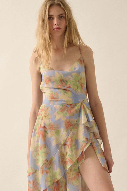 Fairy Garden Draped Floral Chiffon Maxi Dress