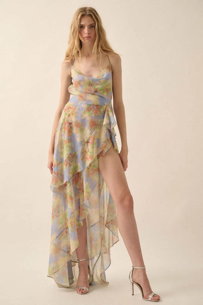 Fairy Garden Draped Floral Chiffon Maxi Dress