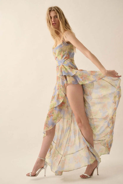 Fairy Garden Draped Floral Chiffon Maxi Dress