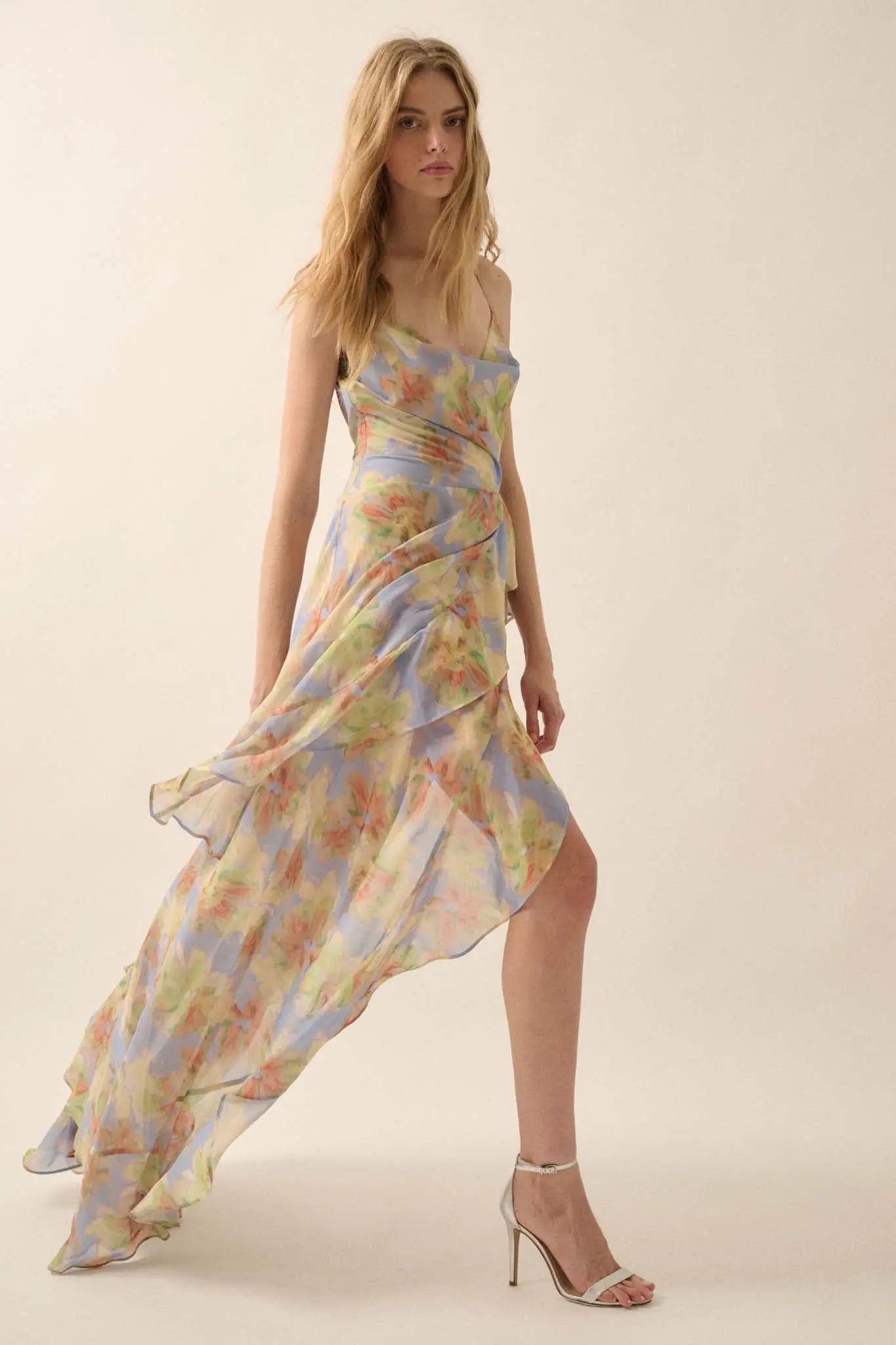 Fairy Garden Draped Floral Chiffon Maxi Dress