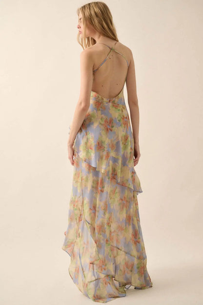 Fairy Garden Draped Floral Chiffon Maxi Dress
