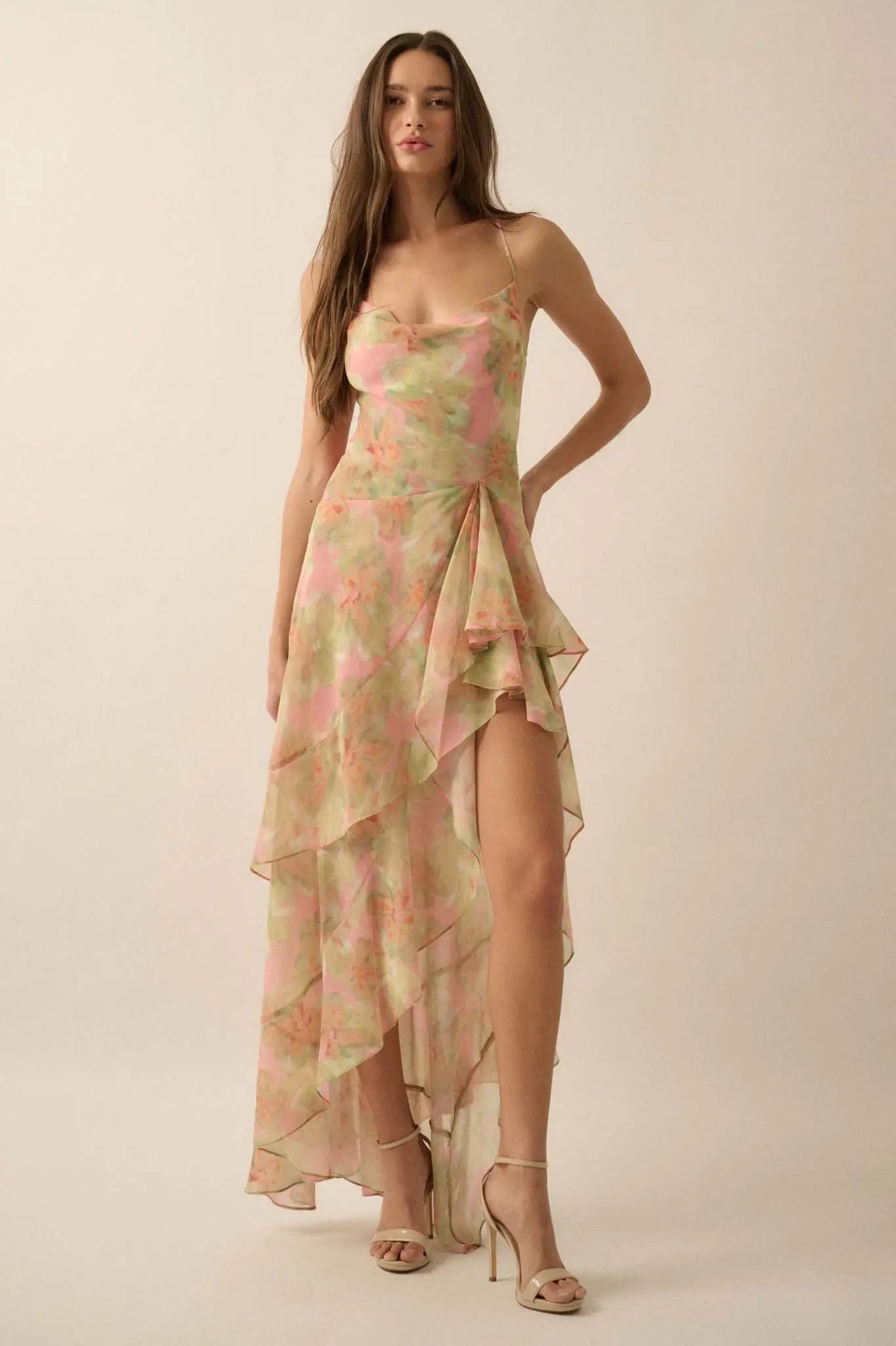 Fairy Garden Draped Floral Chiffon Maxi Dress