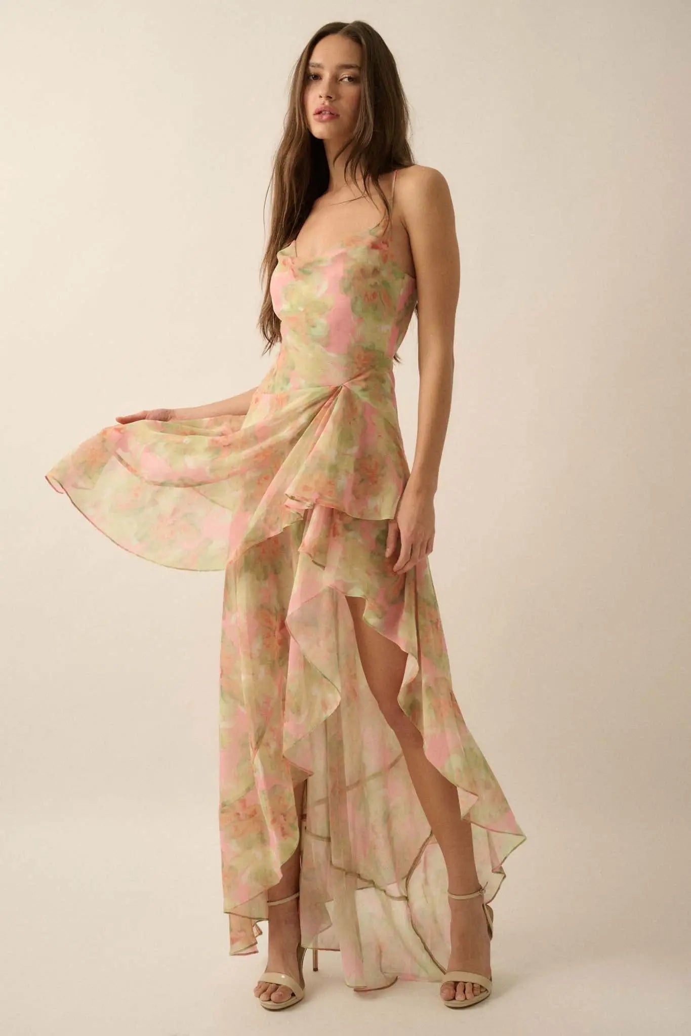 Fairy Garden Draped Floral Chiffon Maxi Dress