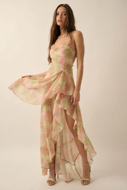 Fairy Garden Draped Floral Chiffon Maxi Dress