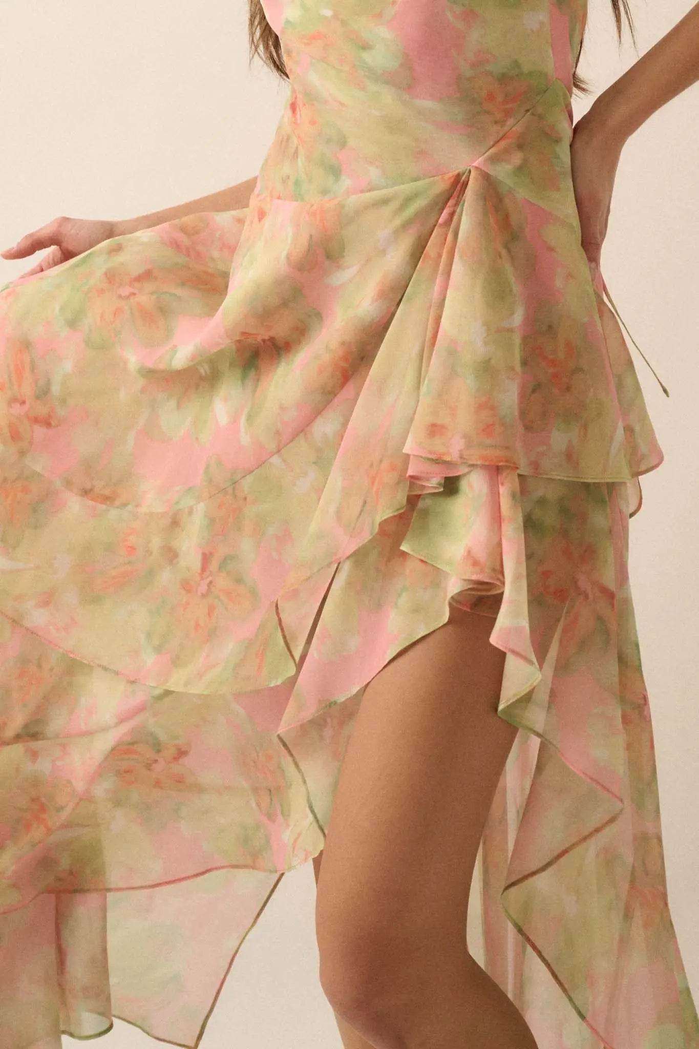 Fairy Garden Draped Floral Chiffon Maxi Dress