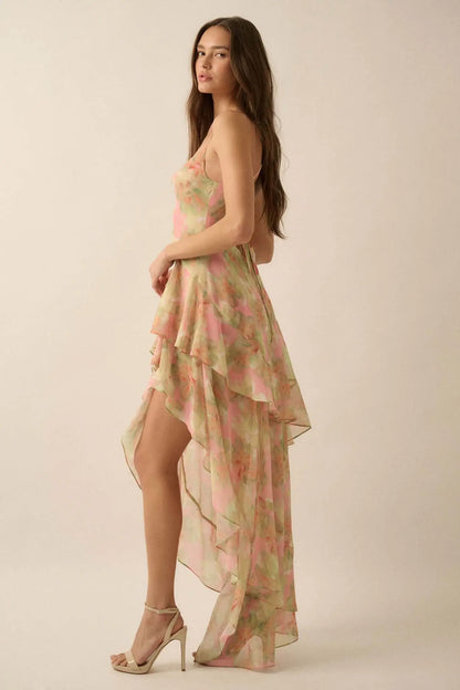 Fairy Garden Draped Floral Chiffon Maxi Dress