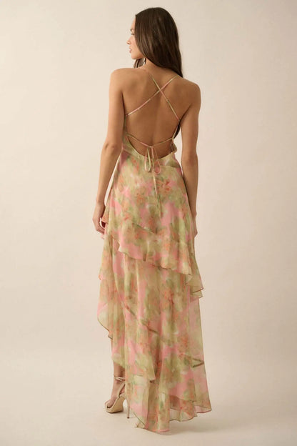Fairy Garden Draped Floral Chiffon Maxi Dress
