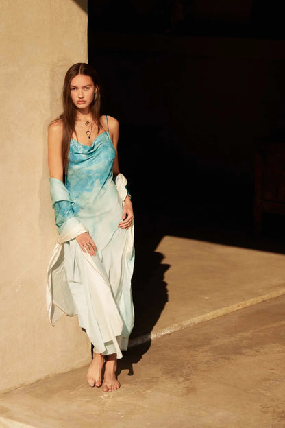Gentle Rain Tie-Dye Satin Cowl-Neck Maxi Dress