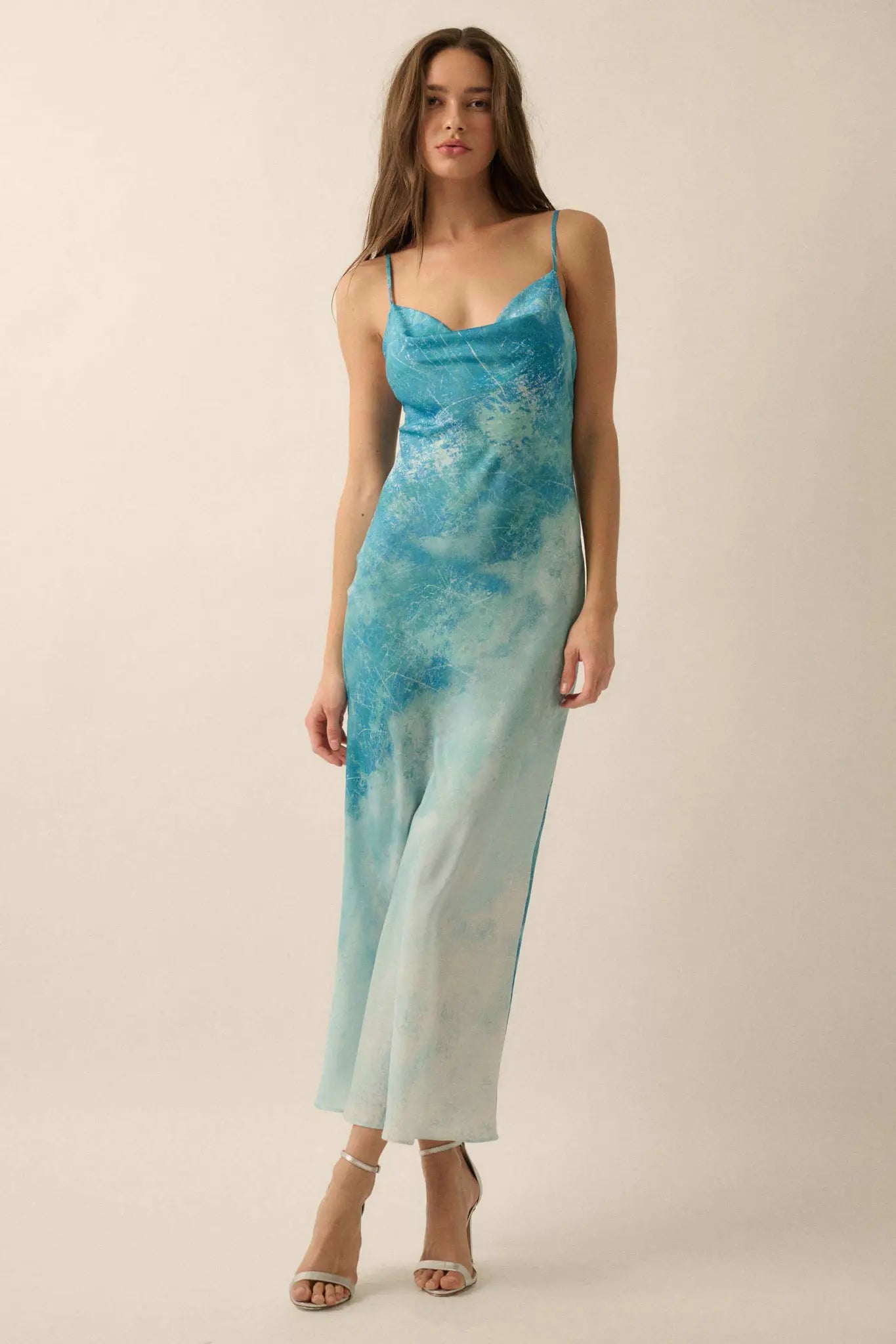 Gentle Rain Tie-Dye Satin Cowl-Neck Maxi Dress