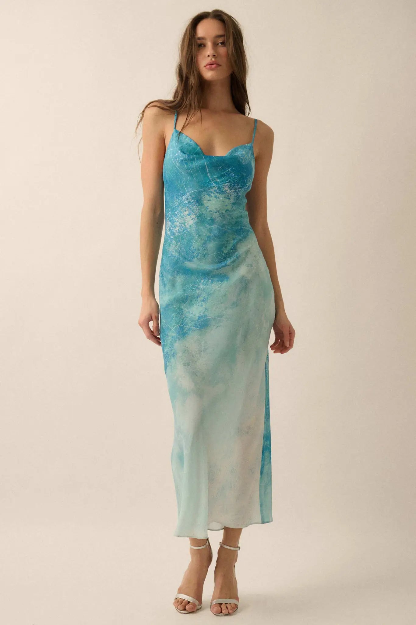 Gentle Rain Tie-Dye Satin Cowl-Neck Maxi Dress