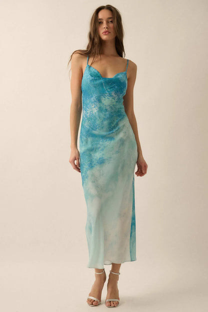 Gentle Rain Tie-Dye Satin Cowl-Neck Maxi Dress