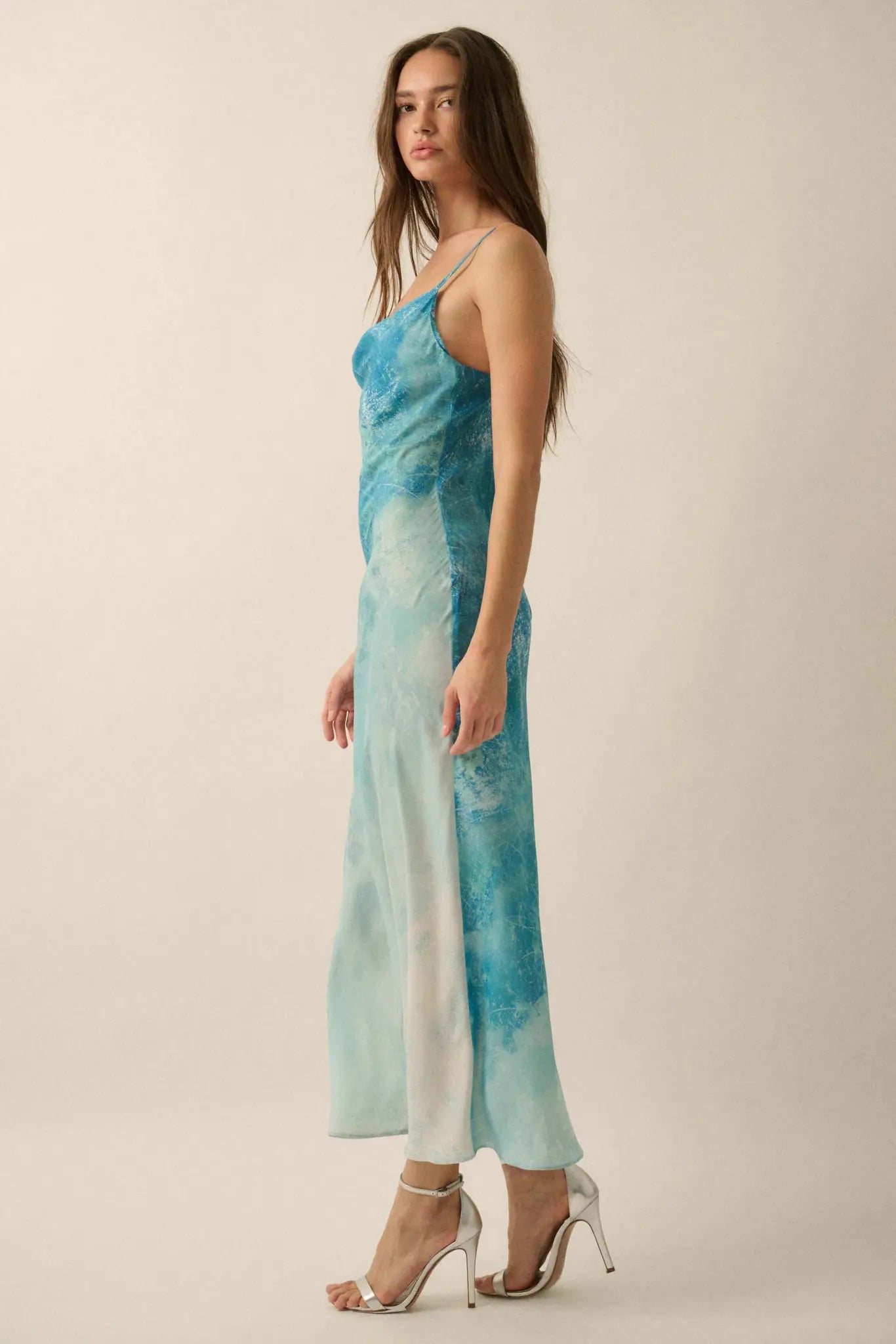 Gentle Rain Tie-Dye Satin Cowl-Neck Maxi Dress