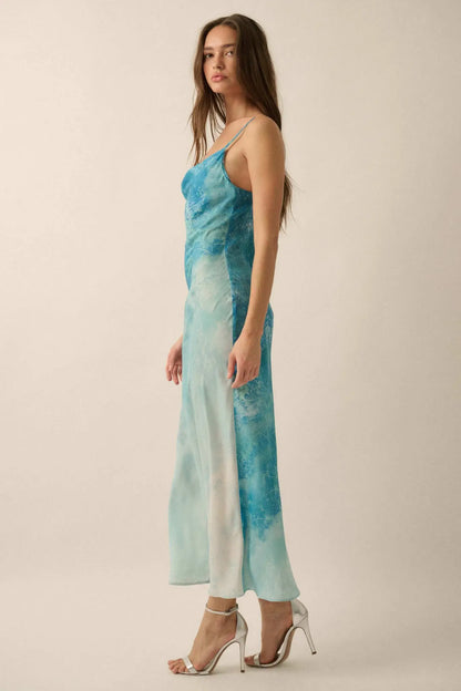 Gentle Rain Tie-Dye Satin Cowl-Neck Maxi Dress
