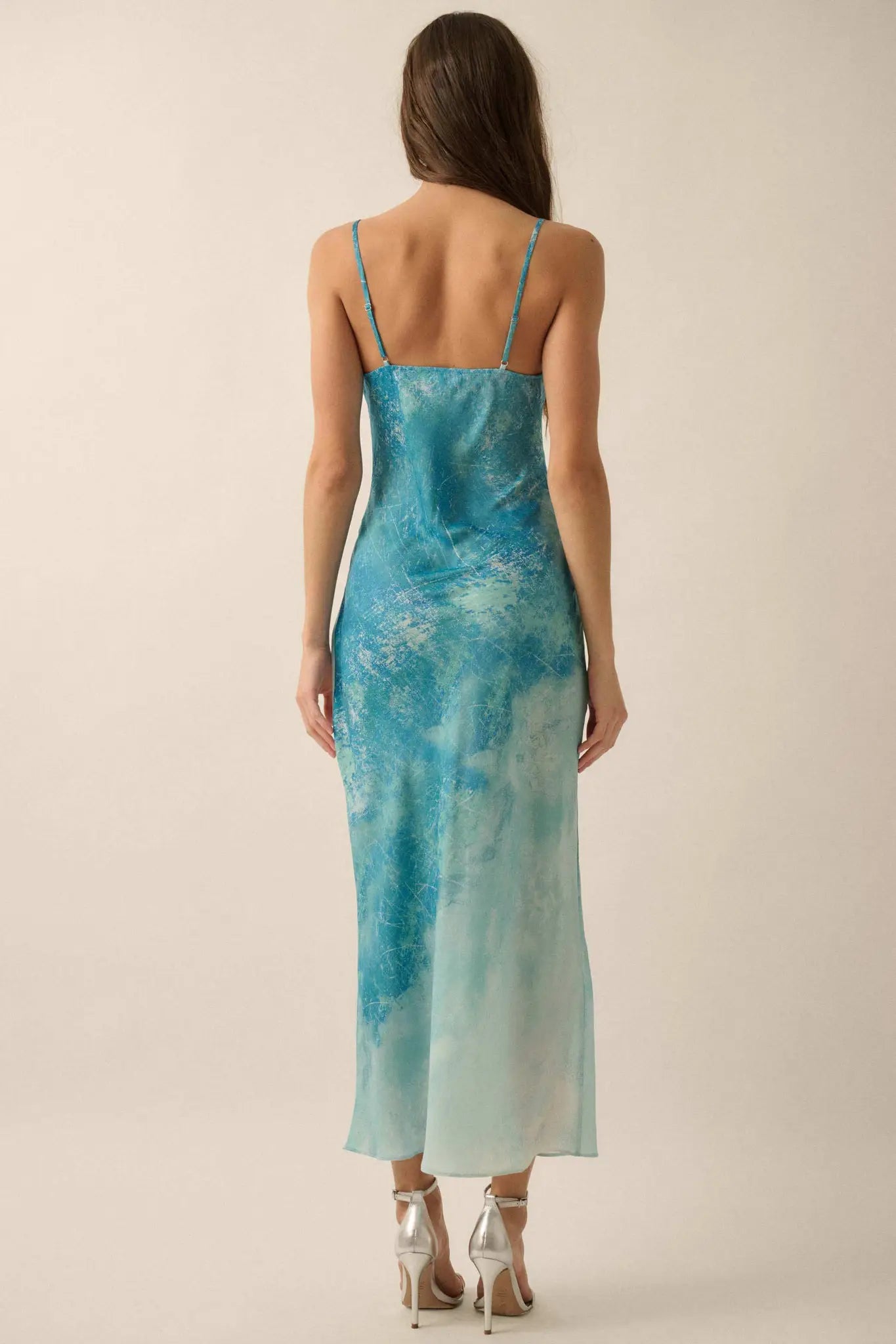 Gentle Rain Tie-Dye Satin Cowl-Neck Maxi Dress