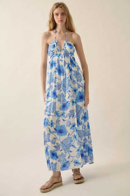 Blooming Season Floral Crepe Halter Maxi Dress