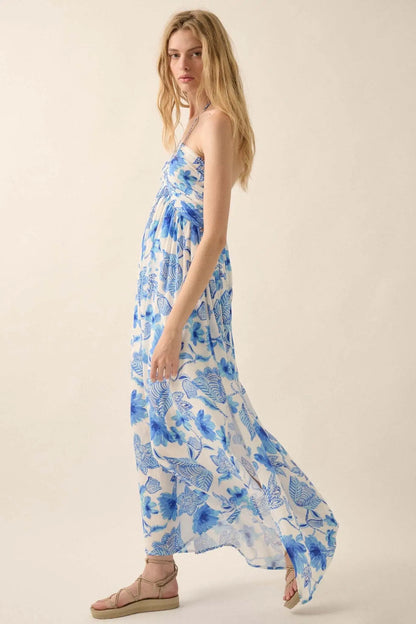 Blooming Season Floral Crepe Halter Maxi Dress