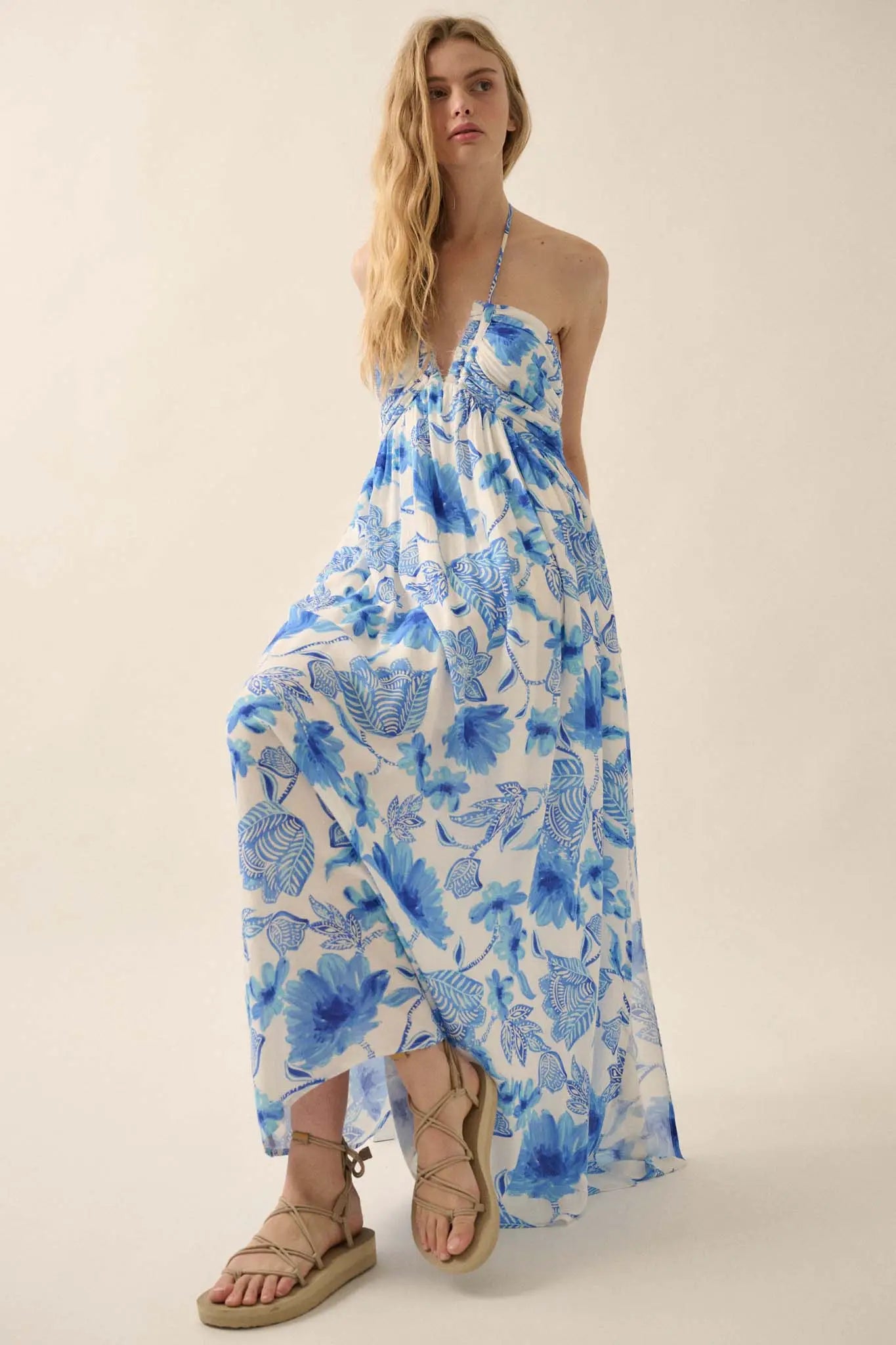 Blooming Season Floral Crepe Halter Maxi Dress