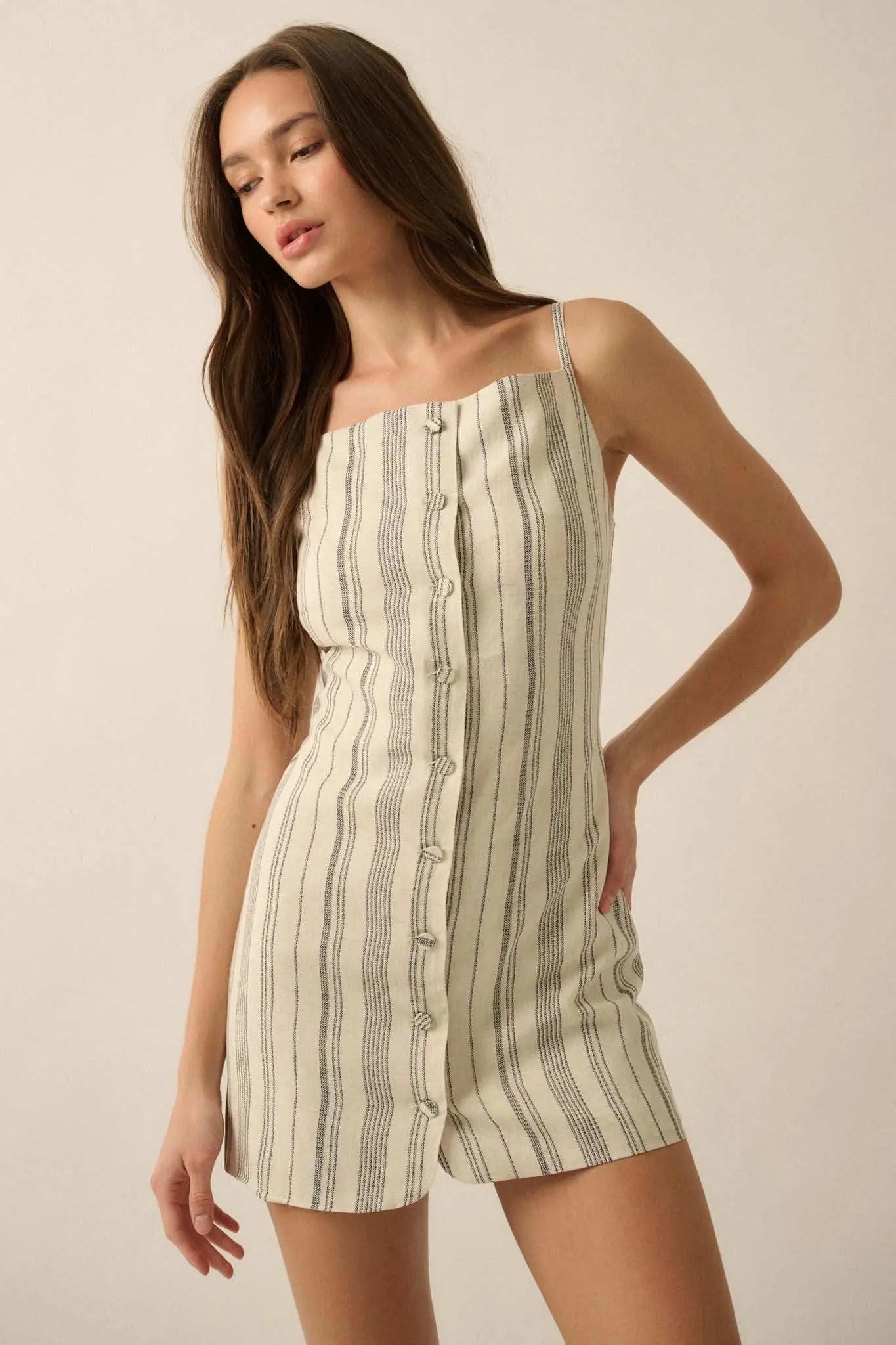 Play Along Pinstripe Button-Front Mini Dress