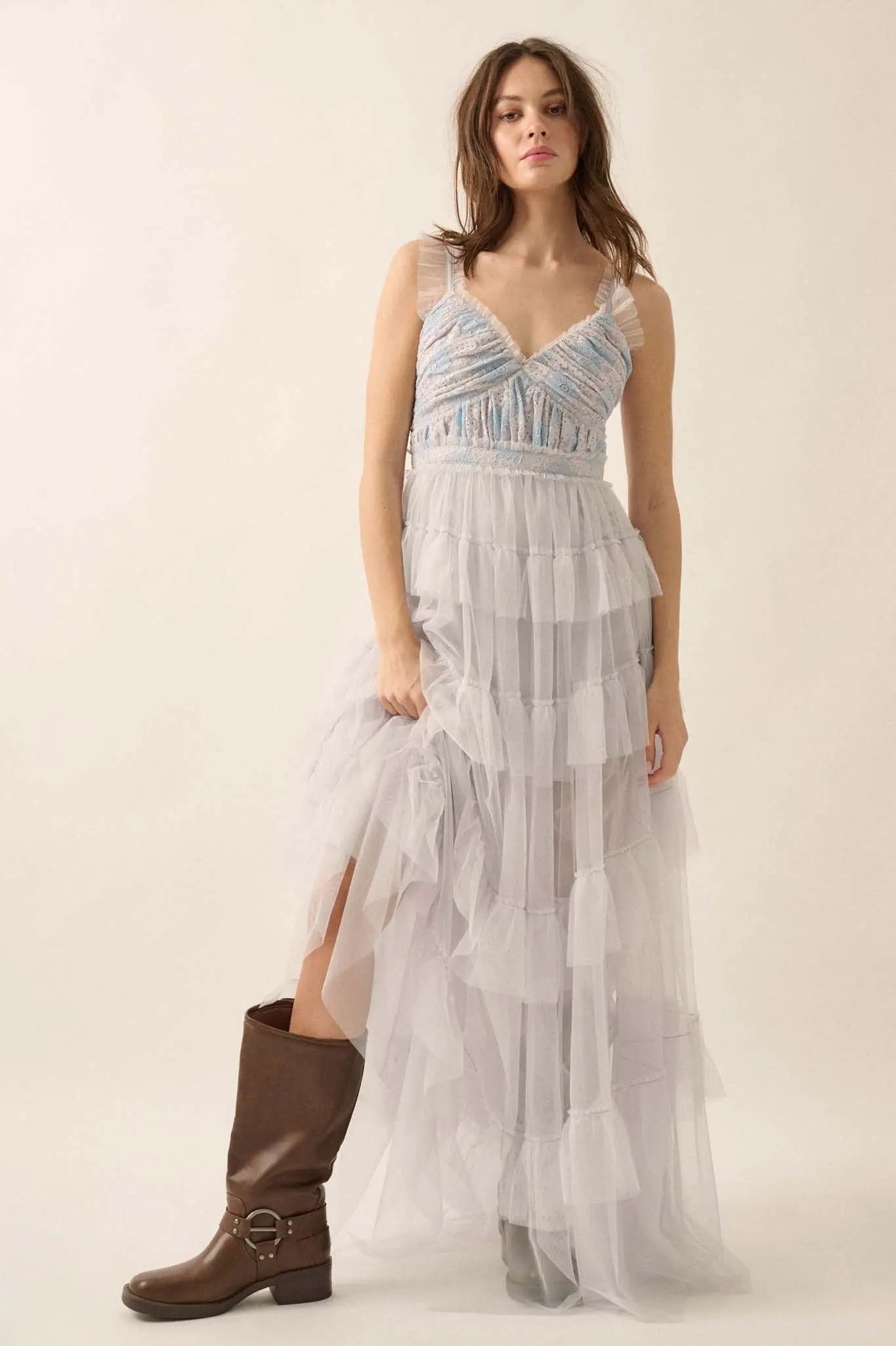 Frill of It All Ruffled Tulle and Lace Maxi Dress