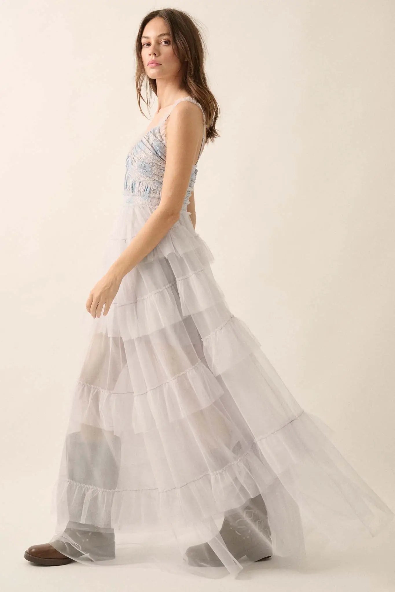 Frill of It All Ruffled Tulle and Lace Maxi Dress