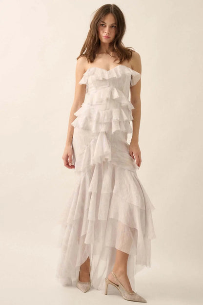 Opal Glow Strapless Iridescent Ruffle Maxi Dress