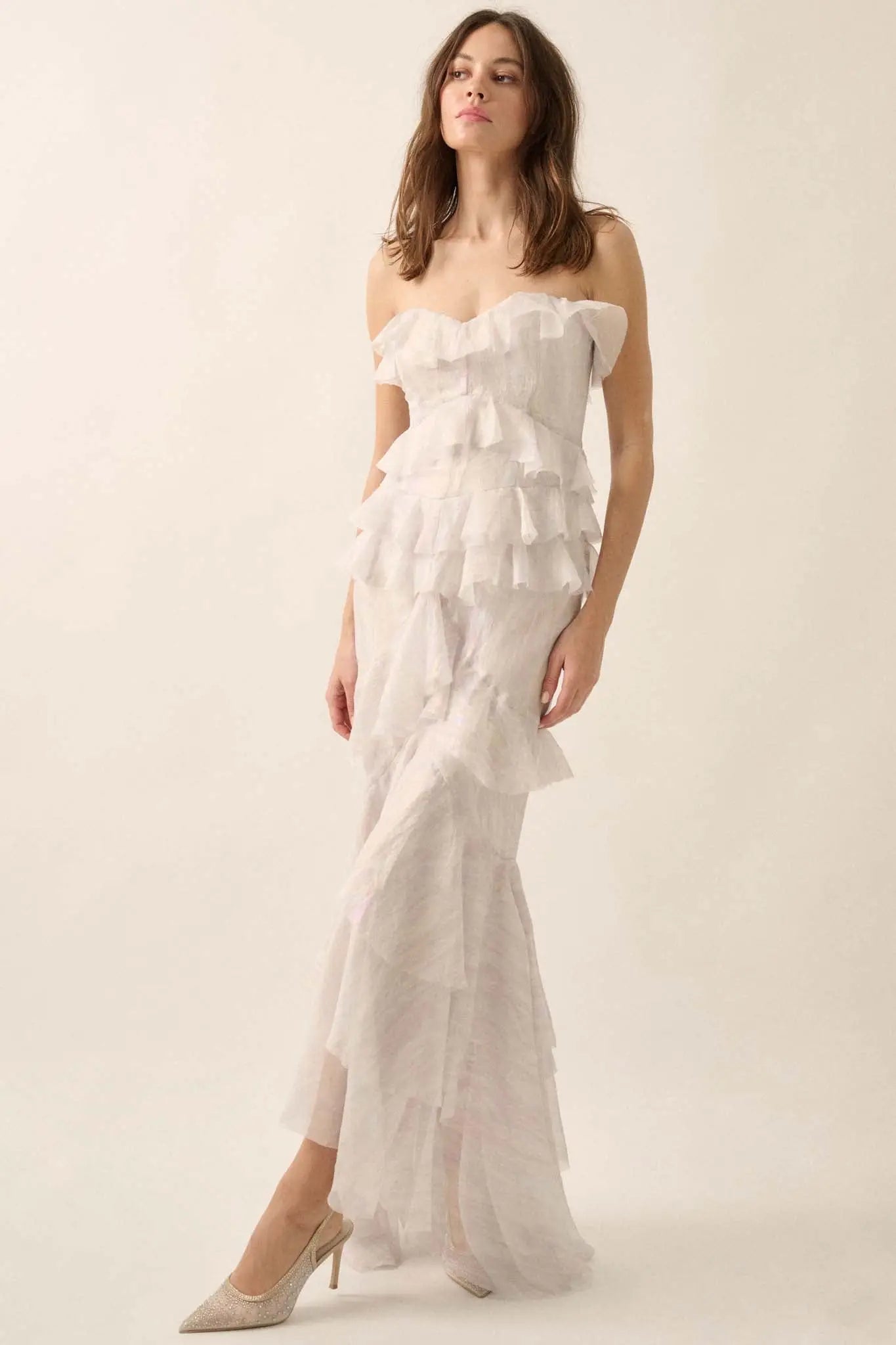 Opal Glow Strapless Iridescent Ruffle Maxi Dress