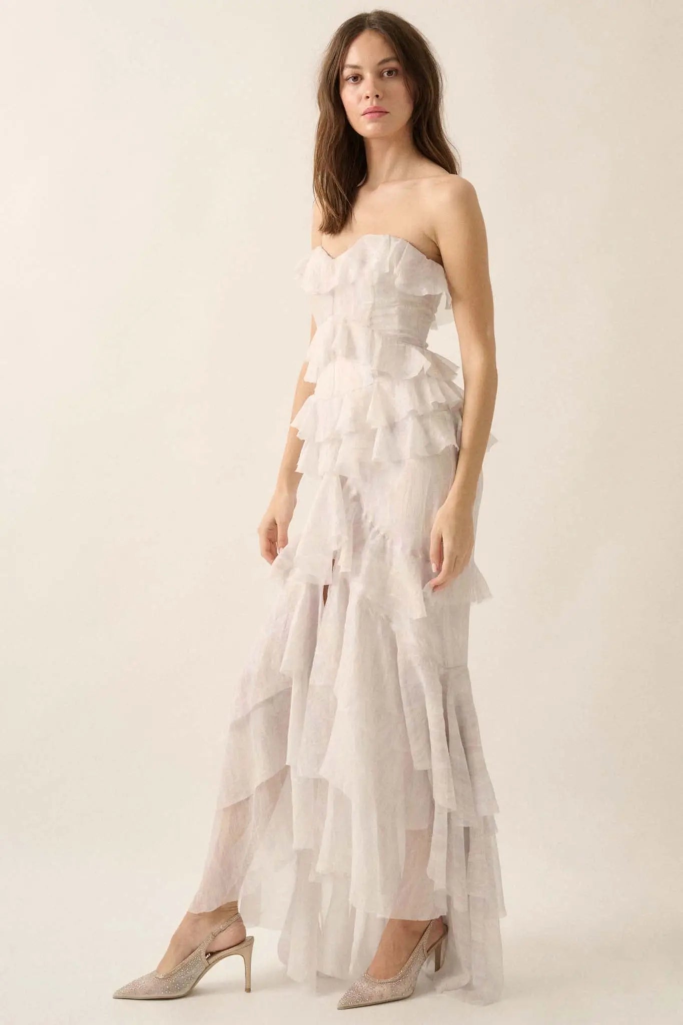Opal Glow Strapless Iridescent Ruffle Maxi Dress
