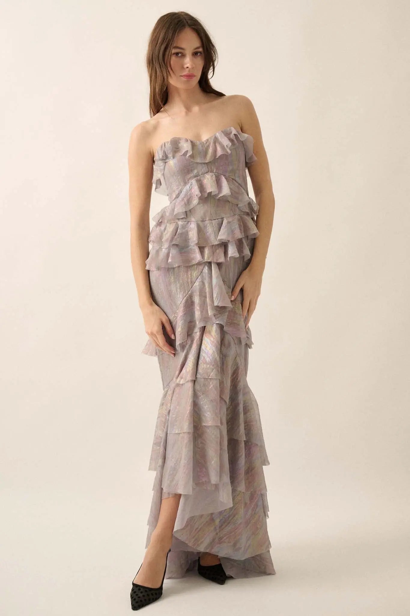 Opal Glow Strapless Iridescent Ruffle Maxi Dress