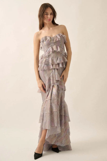 Opal Glow Strapless Iridescent Ruffle Maxi Dress