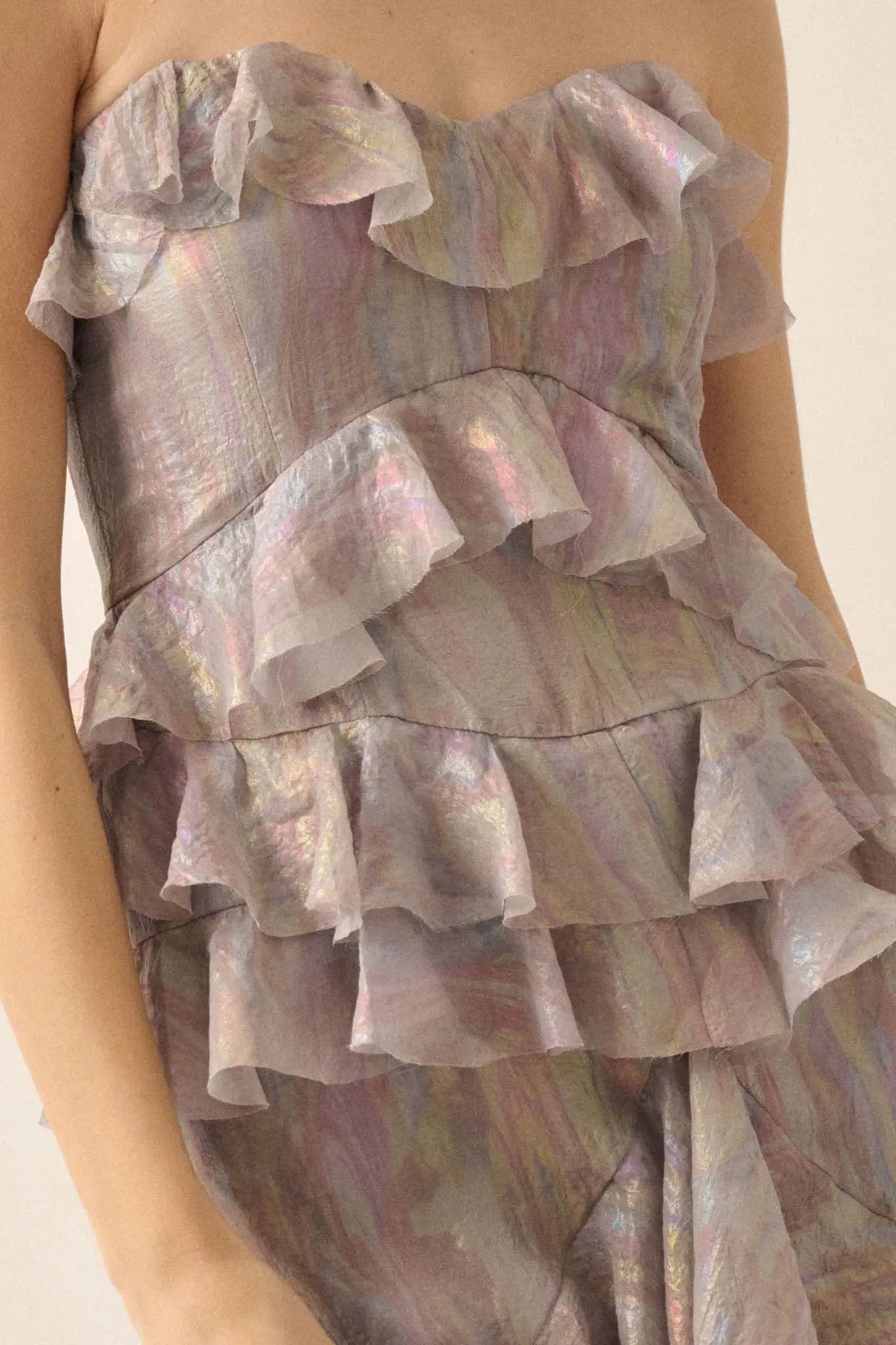 Opal Glow Strapless Iridescent Ruffle Maxi Dress