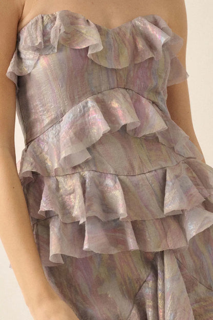 Opal Glow Strapless Iridescent Ruffle Maxi Dress
