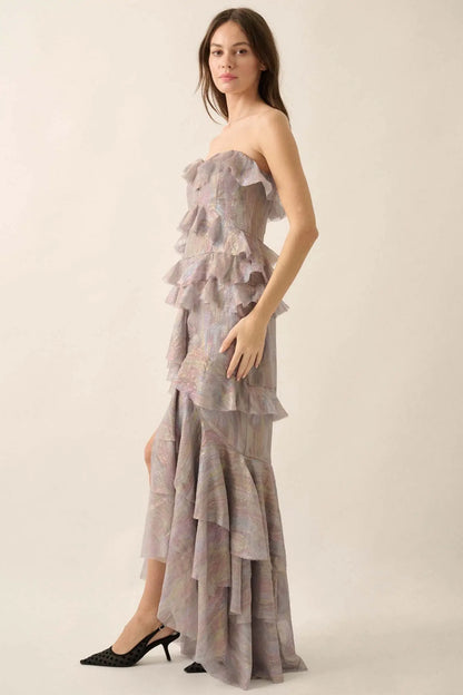 Opal Glow Strapless Iridescent Ruffle Maxi Dress