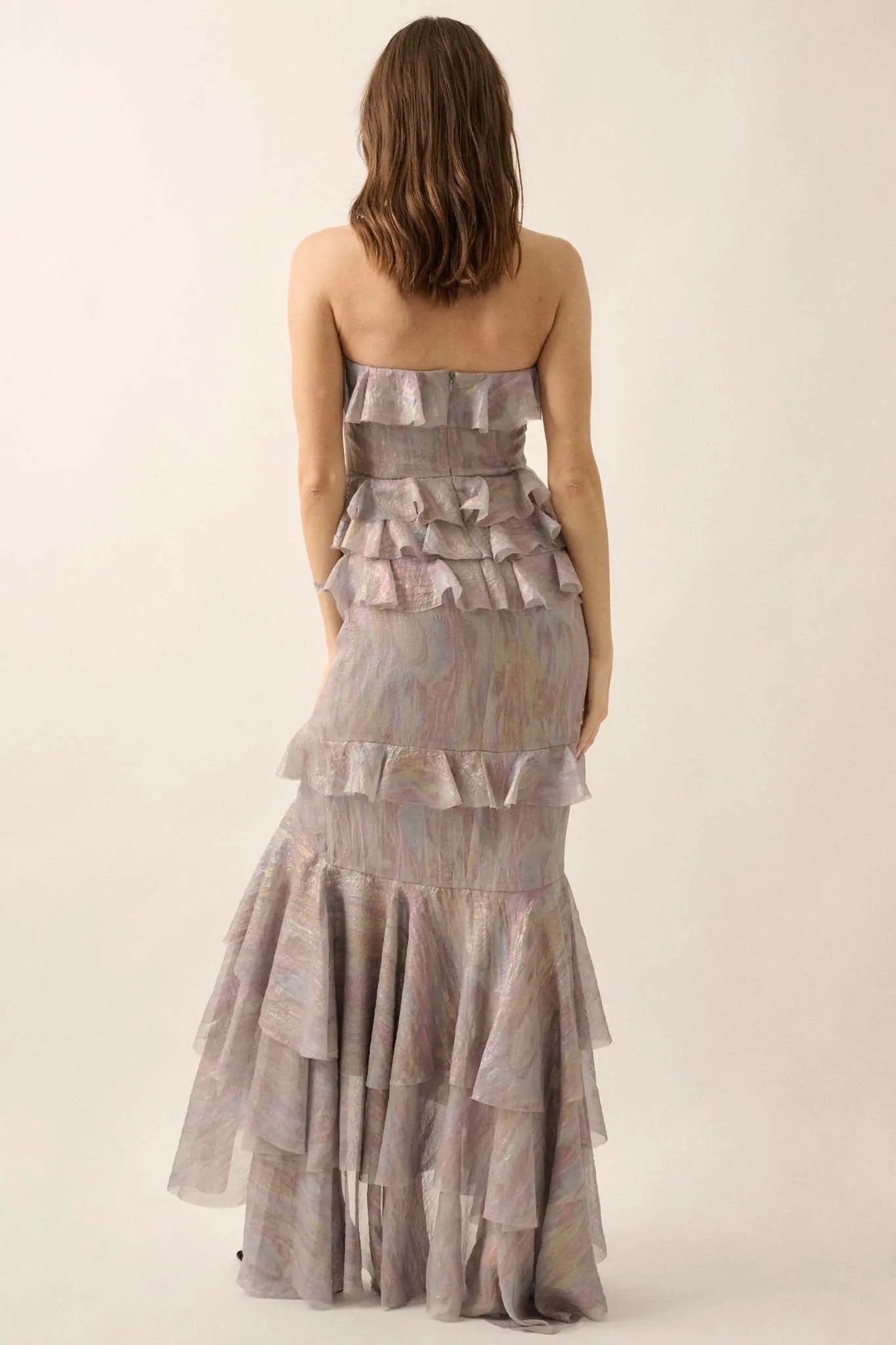 Opal Glow Strapless Iridescent Ruffle Maxi Dress