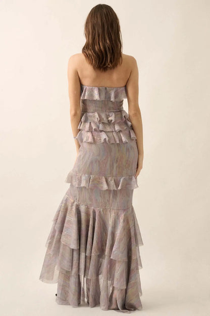 Opal Glow Strapless Iridescent Ruffle Maxi Dress