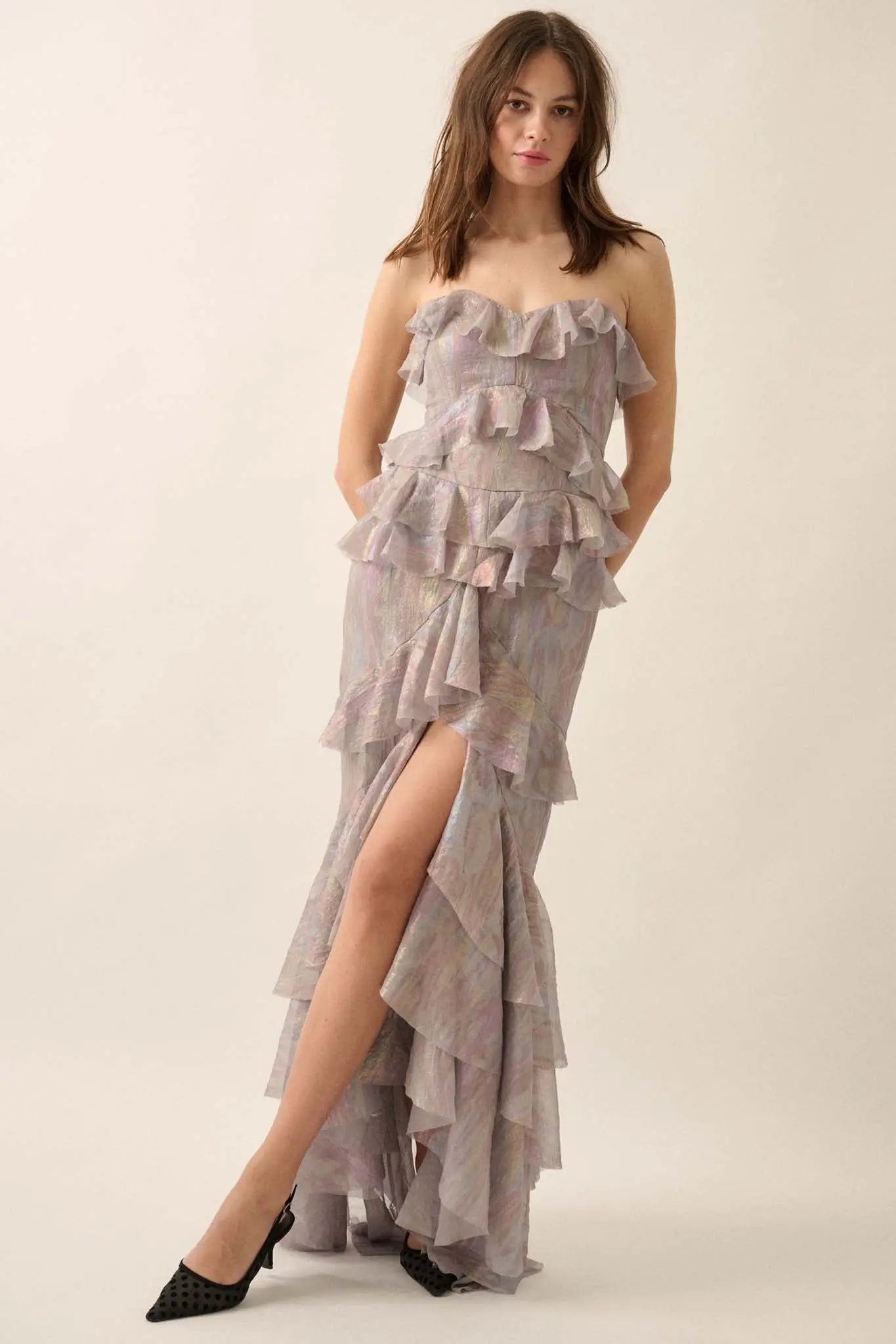 Opal Glow Strapless Iridescent Ruffle Maxi Dress