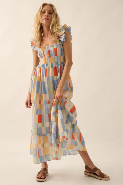 Bright Spirit Multicolor Check Ruffle Maxi Dress